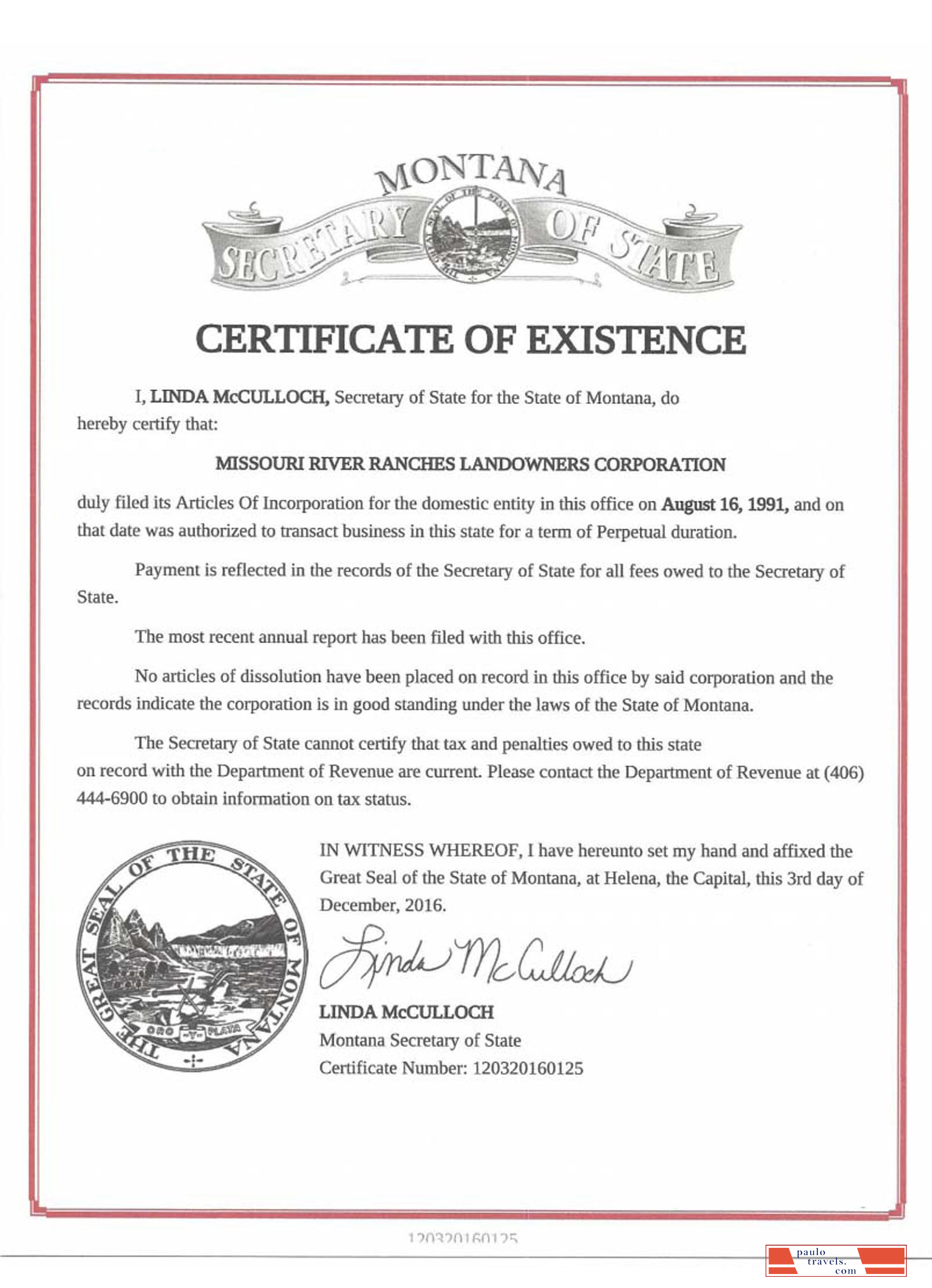 USA Montana certificate of good standing
